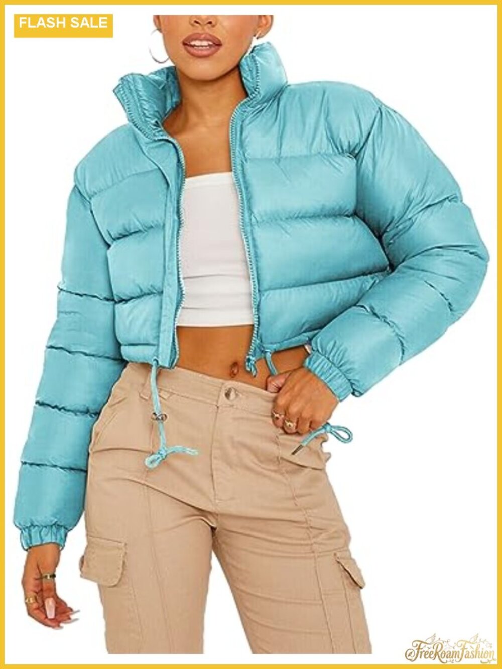 Women Cropped Puffer Jacket Winter Warm Zip Up Quilted Bubble Coat